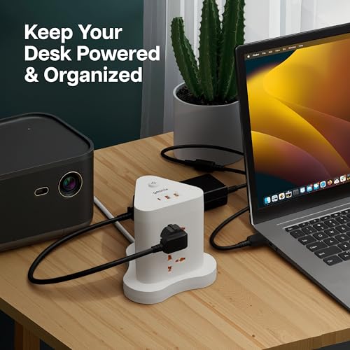 Image of Geonix PowerSpan Fort | Extension Board /Strip, 2500 Watts, 10 Amps, 1x Type C Port, 6X Universal Socket, 2X USB Port, LED Indicator, On /Off Switch, 5mtr Long Pure Copper Cable (White)