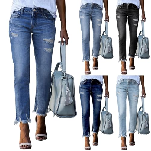Boyfriend Jeans for Women High Waisted Straight Leg Stretchy Ripped Denim Pants Raw Hem Distressed Baggy Jeans Women