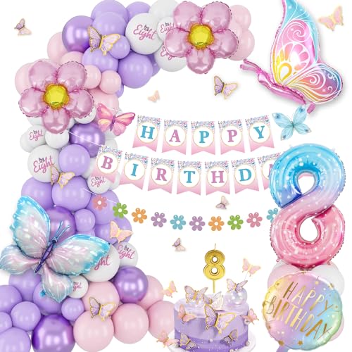 Palloncini Compleanno 8 Anni，Palloni Viola Rosa di Compleanno, Decorazioni Compleanno 8 Anno, Set Con Palloni di Foglio Farfalla, Banner Di Buon Compleanno, Numero 8 Palloncino, Adesivi Farfalla