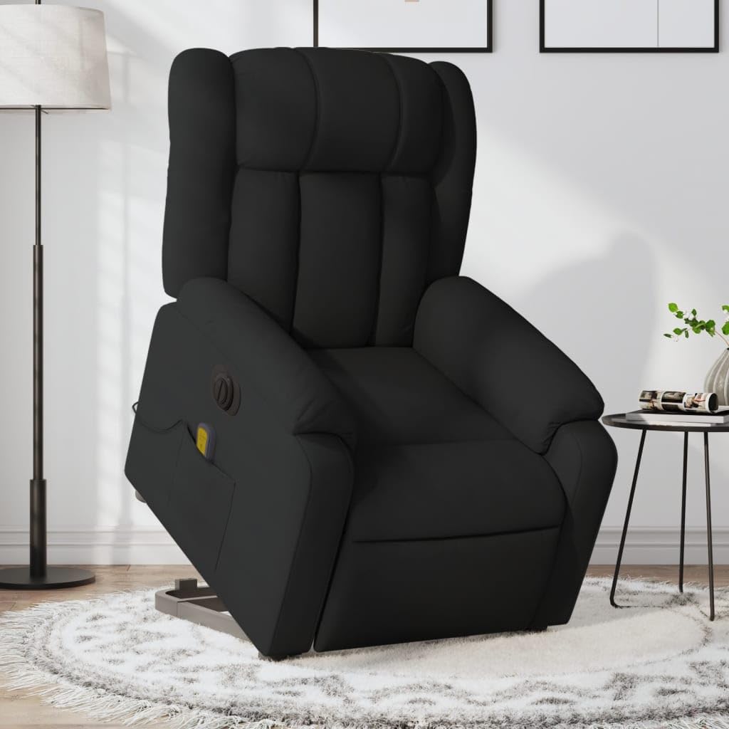 Sillón elevador eléctrico reclinable de tela negra con 6 puntos de vibración y función de elevación, cómodo y estable para relajación y bienestar