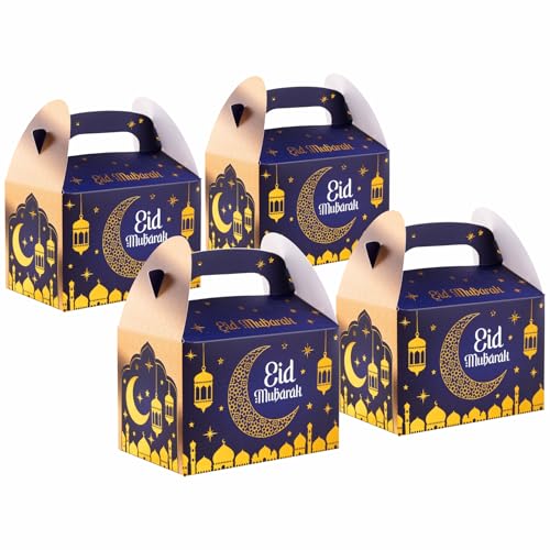 HEKU Eid Mubarak Geschenkfaltboxen-Set 4 STK mit Tragegriff (15x10x10 cm) | Hochwertige Pappbox | Festliches Design I Hotfoil-Veredelung Mitbringsel Gold