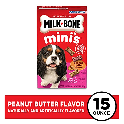 Image of Milk-Bone Flavor Snacks Mini's Peanut Butter Flavor Biscuits, 6 Boxes | 15-oz. boxes, Naturally and artificially flavored, 5 calories per treat, 15% protein