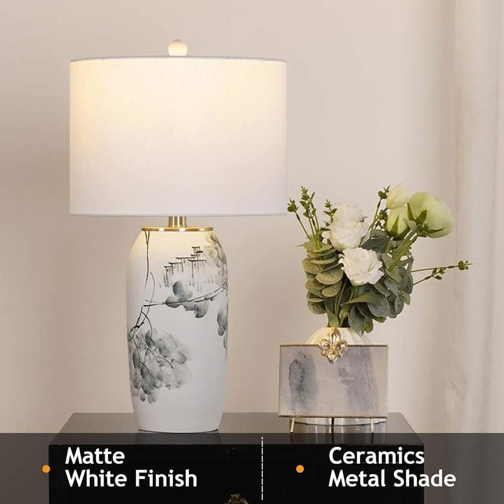 Elegante Lámpara De Mesa Cerámica Pintada A Mano Con Pantalla Tela - Ideal Para Dormitorio, Sala Estar Y Estudio Accesorio Iluminación Interior E26