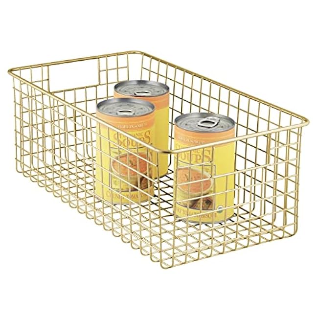 mDesign Metal Wire Food Storage Basket Organizer with Handles for Organizing Kitchen Cabinets, Pantry Shelf, Bathroom, Laundry Room, Closets, Garage - Concerto Collection - 4 Pack - Soft Brass