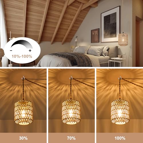 Image of Plug in Pendant Light with 6W LED Bulb Warm Light(3000K) Dimmable Switch Cute Rattan Hanging Lamp Cord 15ft Hand Woven Plug in Chandelier Boho Hanging Lights Fixture for Bedroom Kitchen