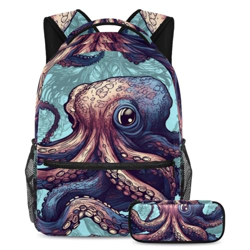 Sac à dos pieuvre monde marin grand format avec trousse scolaire