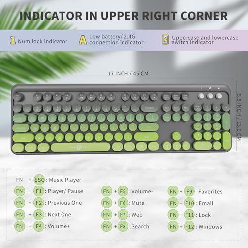 Image of FD Wireless Keyboard and Mouse Combo | Cute Colorful Keyboard and Mouse with 2.4GHz Cordless Retro Typewriter Keyboard | Auto-Sleep | USB Receiver for Windows PC /Laptop - Grey Green Gradient