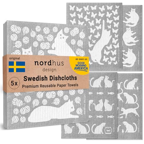 Nordhus Design Swedish Dishcloths, 5 Cat Cloths, Made in Sweden - Reusable, Washable Cellulose Cotton Kitchen Cloths - Replace Paper Towels, Wipes, Sponges, Dish Rags