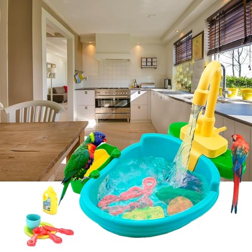 Image of Parrot Shower, Parrot Bird Bathtub, Automatic Bird Bathtub Pet Bath Pool with Faucet, Bird Bathtub Swimming Pool Toy Bath Shower Water Dispense for Ferret, Goldfinch (Green)