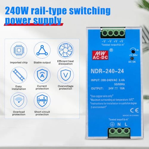 240W Hutschienen Netzteil 24V DIN-Schienen-Schaltnetzteil Eingang AC 100-220V 2,4A Ausgang DC 24V 10A Mehrere Schutzfunktionen Industrielles Modell NDR-240W-24V.