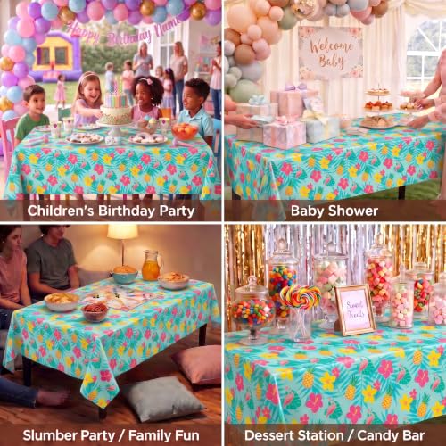 Image of Exquisite Summer Luau Table Cover 6 Pack 54 in. x 108 in. Rectangle Plastic Tablecloth Disposable Table Covers for Hawaiian Tropical Aloha Tiki Flamingo Pineapple Beach Pool Party Supplies