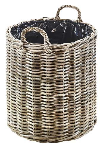 Kobolo Pflanzgefäß rund aus Rattan mit Folie in kubu Grey, Gr. mittel: Ø50 cm, 50x50x58 cm, geflochtener Übertopf mit Henkel für Innen- & geschützten Außenbereich, ideal für Terasse oder Balkon