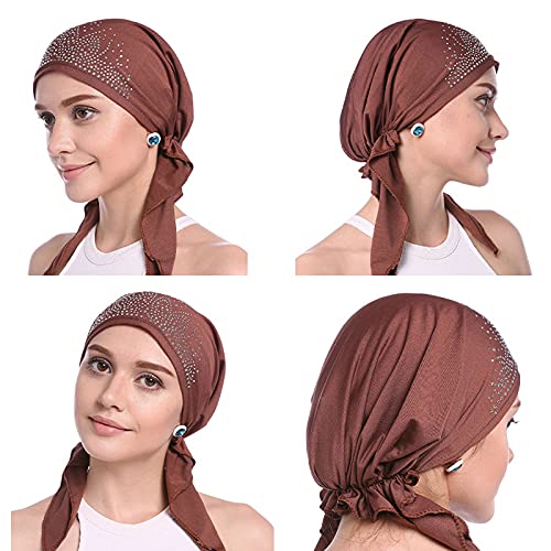 Pre Tied Chemo Head Scarf 3 Packed Beanie Skull Cover Cap For Women (Set8-Rhinestone) #TOP6