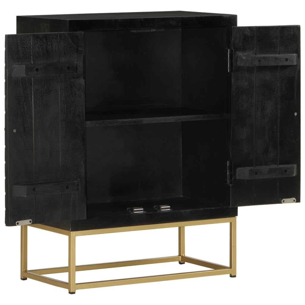 Klasyczny kredens z litego drewna mango z 2 drzwiczkami w kolorze czarno-złotym 55 x 30 x 75 cm – solidne miejsce do przechowywania z 2 półkami i dekoracyjną górną płytą do salonu i jadalni