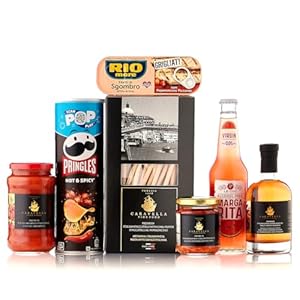 Caravella Fine Food – Italiaanse Cadeaumanden & Gourmetgeschenken “Peperoncino 2” – Alcoholvrij – Selectie van ambachtelijke pasta, chili-olijfolie, sauzen, makreel, margaritacocktail en snacks