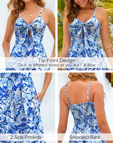 Image of Kranda Women 2026 Summer Sundress High Waist Tie Front Spaghetti Strap Long Beach Floral Tiered Maxi Dress with Pockets