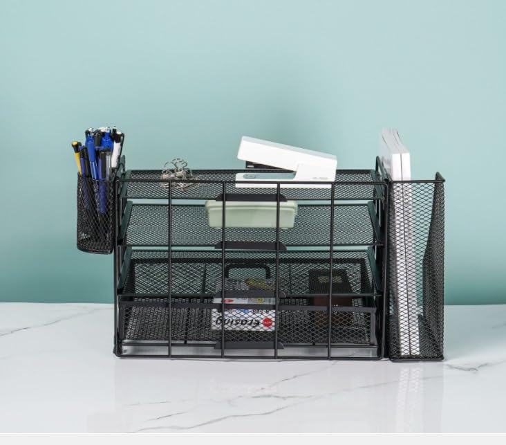 Organisateur de Bureau OPNICE Desk Organizers and Accessories, Desk Organizer with Drawer, 4-Tier Paper Tray Organizer with 2 Pen Holders + File Holder, Office Desk Accessories for Office Supplies(Ros
