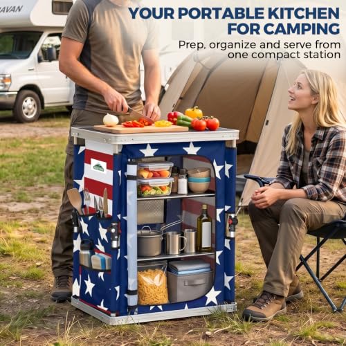 EAGLE PEAK Mesa Plegable de Camping Exterior con Gran Organizador de 3 Niveles y Bolsillos Laterales, Cocina Portátil de Aluminio, Bandera Americana miniatura 5