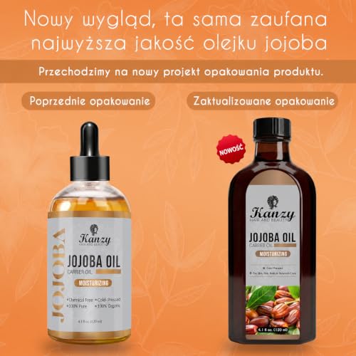 Kanzy Olej Jojoba Tłoczony na Zimno 100% Czysty 120 ml, Nierafinowany Olej Nośnikowy Bez Heksanu, Do Włosów, Paznokci, Ciała, Skóry i Twarzy, Naturalny Olejek do Masażu