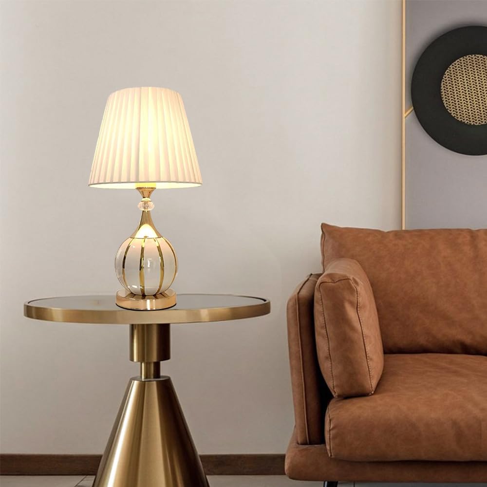 Mengjay Lampada da tavolo in ceramica vintage, Base Sferica,lampada da comodino per soggiorno, camera da letto in tessuto, Luce da lettura, Luce da scrivania, E27 Luce notturna (Bianco)