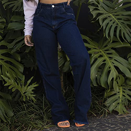 Kit 2 Calças Jeans Retrô Pantalona Wide Leg Cintura Alta Tendencias Azul Claro E Azul Escuro (42)