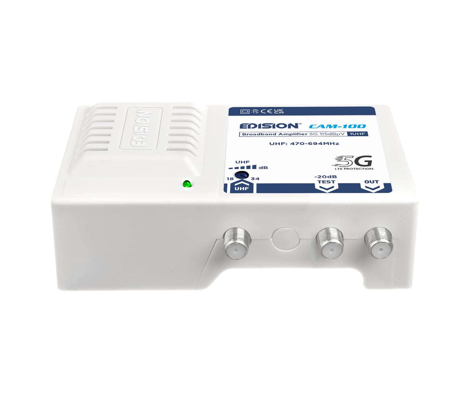 EDISION CAM-100 Amplificatore Antenna TV, Centrale Banda Larga, 1UHF, 18-34db Regolabile, 115dBmV, per Digitale Terrestre DVB-T/T2, con filtro 5G LTE, UHF 470-694Mhz