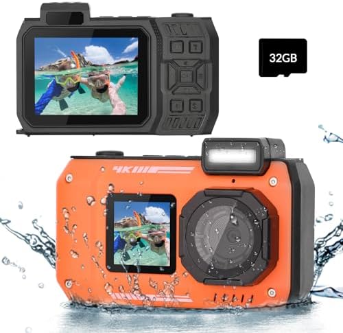 4K Underwater Camera 33 FT Waterproof Camera with Dual Screens Selfie Digital Camera Built-in 2500 mAh Battery 48MP Autofocus Waterproof Digital Camera for Snorkeling, Novice Photographer,Orange