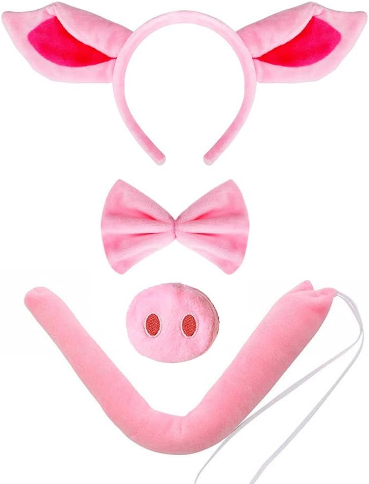 JIALWEN Pig Costume Set Pig Ears Headband Nose and Tail Bowtie Party Cosplay Halloween Accessories