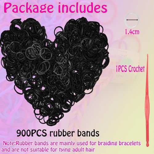 Yowamho 900 Gummibänder Schwarz mit 24 S-Clips und 1 kleinen Häkelnadel, Gummibänder für Armbänder.