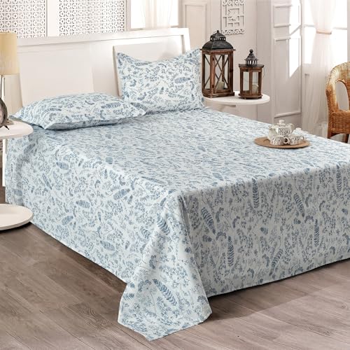 Image of Cortina Cloud Cotton King Size Bedsheet with 2 Pillow Covers | Super Soft, Breathable & Skin-Friendly Bedsheet for Double Bed King Size with Boho Design | 270x250 cm (White & Blue, King)