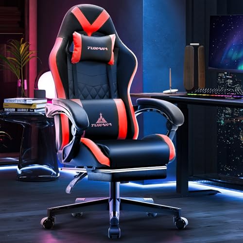 Image of Gaming Chair,Ergonomic Massage Office Desk Chair with Footrest,Red | Pocket Spring Cushion,Reclining,Thick High Back,Headrest and Lumbar Support,Adjustable Leather Computer Chair Gamer Chair