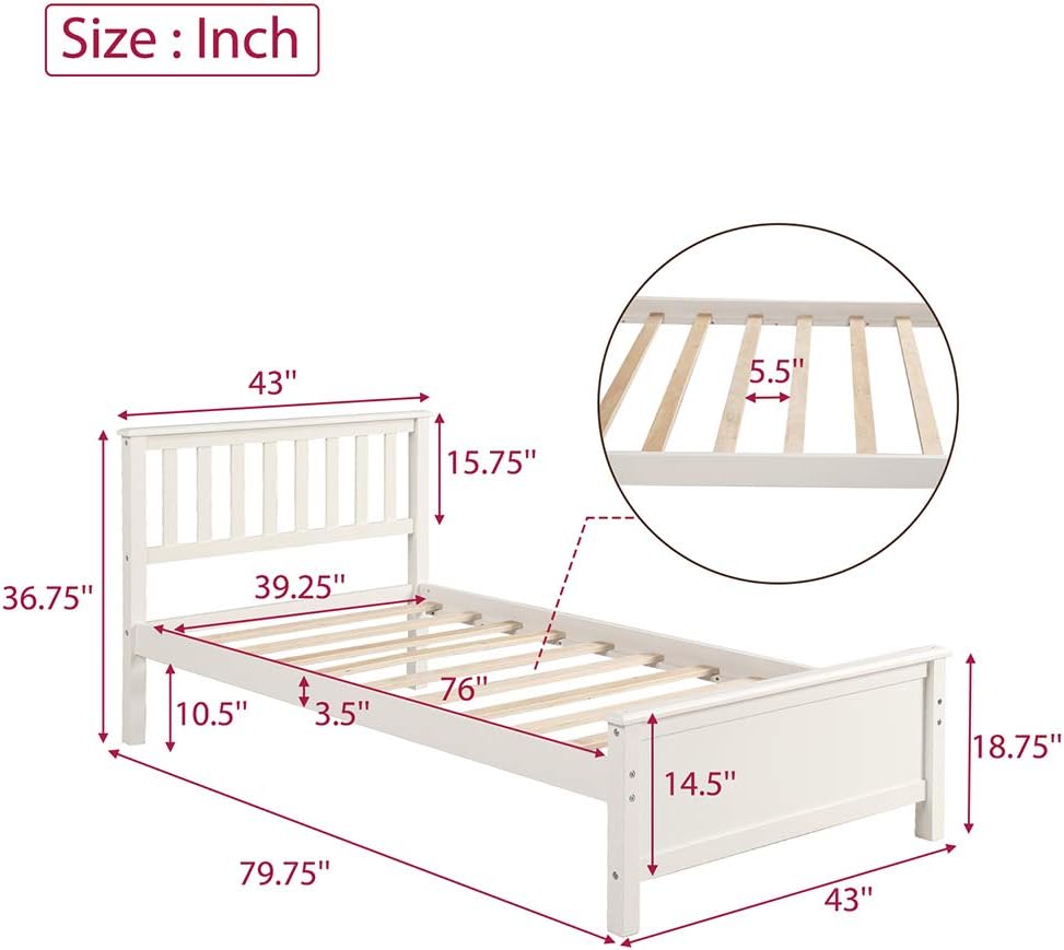 Twin Bed, Premium Platform Bed Frame with Strong Wood Slat Support, Easy Assembly, No Box Spring Needed (White)