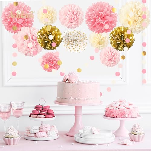 Image of AOBKIAT Wedding Baby Shower Decorations Set,15PCS Pink Gold for Girls Women | with Tissue Paper Pom Poms,Colorful Garland String Hanging Backdrop for Birthday,Bridal Shower,Gender Reveal Celebration