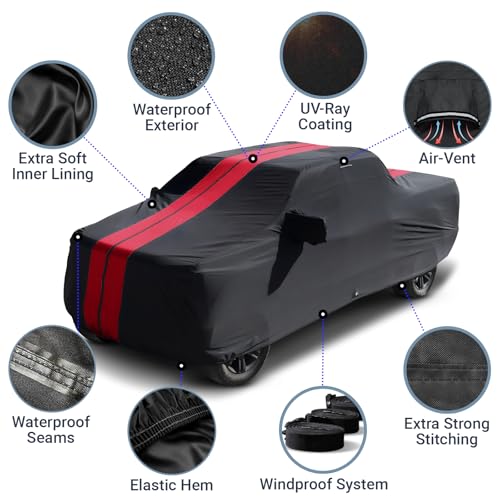 Image of iCarCover Premium Truck Cover for 2017-2026 Ford F-250, F-350 Super Duty, Super Cab, 6.8 ft. Regular Bed w /Trailer Mirror Pocket Heavy Duty Custom Fit Exterior Protection Covers (Stripe - Black /Red)