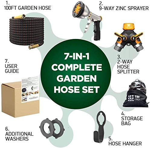 TBI Pro Expandable Garden Hose Kit 50-100 ft - Superior Strength 3750D - 4-Layers Latex, Extra-Strong Brass Connector- 10-Way Durable Zinc Water Spray Nozzle 2 Way Pocket Flexible Splitter (50FT Set)
