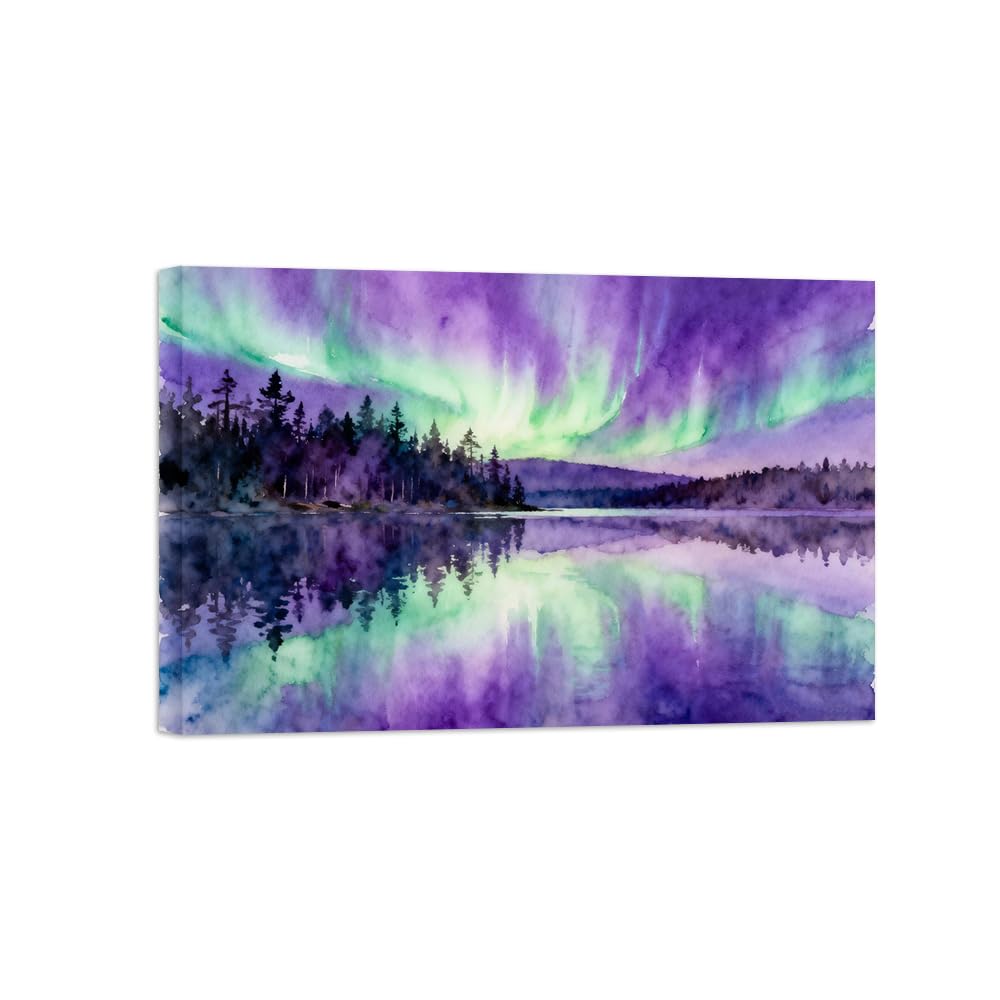 OZPWBVY Aurora Forest Lake Landscape Canvas Prints Ready to Hang 20x30cm Wrapped Canvas