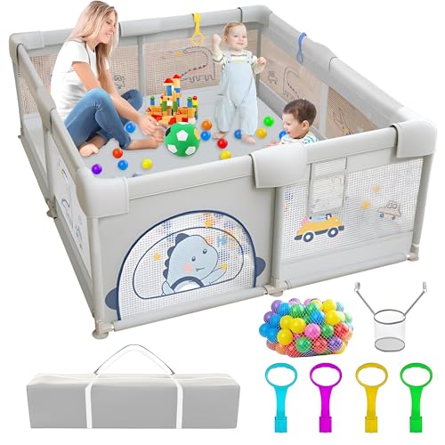 Baby Playpen, 200 x 180cm Playpen for Baby and Toddlers with 60 Ocean Balls, Basketball Hoop, 4 Pull Rings, Toddler Playpen Anti-Collision Foam Breathable Mesh Play Pens for Indoors-Dinosaur