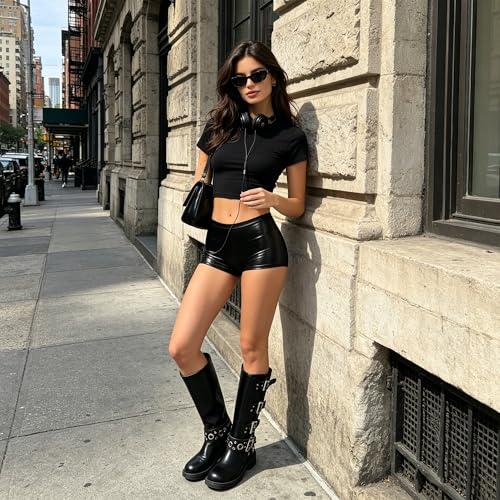 Image of AMINUGAL Knee High Boots Women Square Toe Pull On Wide Calf Riding Fashion Buckles Chunky Metallic Casual Vintage Buckle Rivet