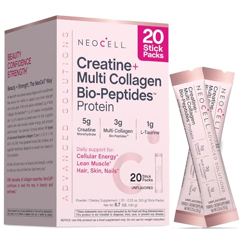 NeoCell Creatine Collagen Powder | 20 Stick Packs | with Multi Collagen Peptides | Plus L-Taurine | Unflavored | Hair Skin and Nails Supplement