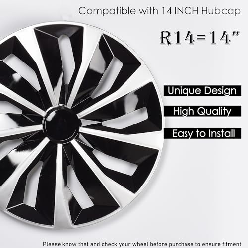 Image of Blade Bright Black with Silver Hubcap Wheel Cover Replacement Kit 14 inch Hub Caps Wheel Rim Cover Car Exterior Accessories Pack of 4, 14 Inches