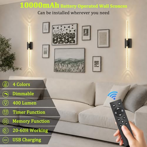 Image of iThird Crystal Bubble Wall Sconces Set of 2: 10000mAh Rechargeable Wireless Lights with Remote & 360 Rotate, 4 Color Temps Dimmable, 31.5 inch Wall Lamp for Bedroom Living Room Mirror, Black