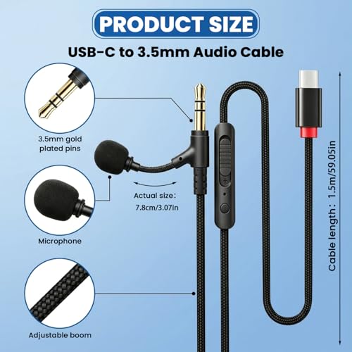 Image of ZORBES Type C to 3.5MM Audio Cable with Mic & Inline Control, 1.5M Nylon Braided 3.5MM Jack to Type C, Volume & Playback Button, Clear Voice Call & Gaming Chat, Compatible with Phone, Tablet & Laptop