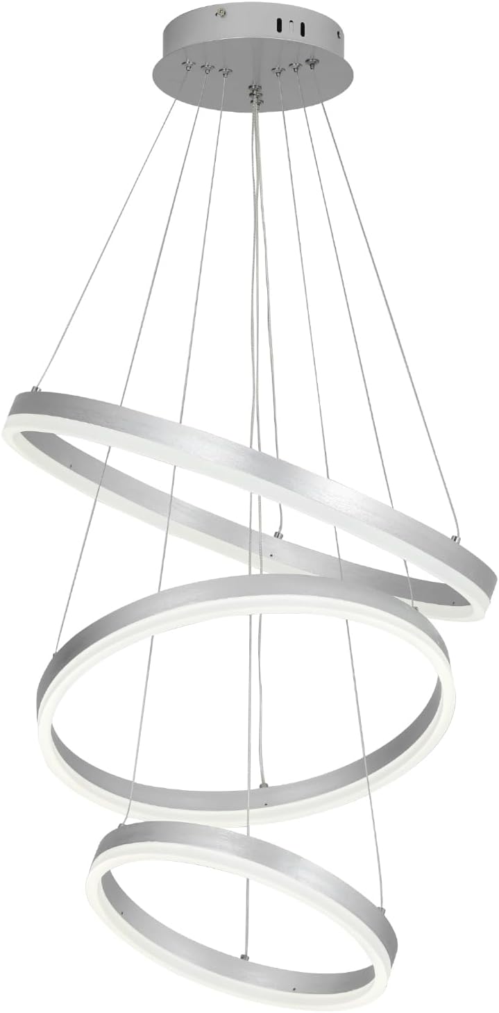3-Ring Modern Silver LED Chandelier Dimmable Pendant Light with Remote Control Flush Mount High Ceiling Circle Light Fixture for Dining Bed Living Room Foyer 3000K-6500K
