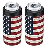 2 Pack Beer Can Cooler, 4-IN-1 Can Insulators for 12 Oz Drinks, Double Wall Stainless Steel Can Sleeves Keep Your Beverages Cold ( American Flag)