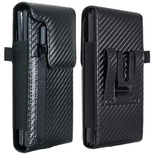 CusPra Holster Pouch for Samsung Galaxy Z Fold 7/6/5/4/3 with S Pen Holder & Belt Clip & Card Holder, Luxury Carbon Fiber Leather Holster Case with Belt Loop&Metal Clip&Magnetic Closuer (Vertical)