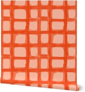 Peel & Stick Wallpaper 12ft x 2ft - Watercolor Grid Orange Window Pane Modern Painted Lines Minimalist Custom Removable Wallpaper by Spoonflower