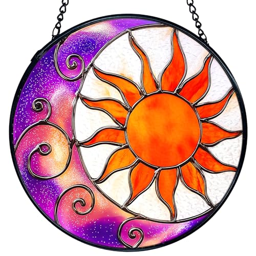 TNUW Sun and Moon Stained Glass Window Hanging, Celestial Crescent Moon Suncatchers Indoor Window Glass Round Wall Art Decor, Astronomy Decor Wall Hanging Decorations, 7.9"x7.9"