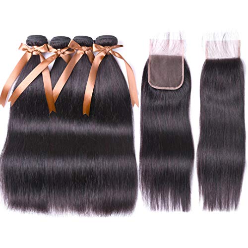 MQYQ Brazilian Human Hair Straight 4 Bundles with Closure (18/20/22/24+18Inch) Natural Black 100% Unprocessed 4¡Á4 Lace Closure Human Remy Hair Extensions.
