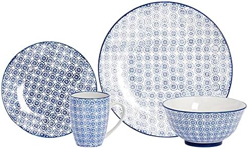 Nicola Spring 24 Piece Hand-Printed Dinner Set - Patterned Porcelain Crockery Plates Bowls Mugs - Navy