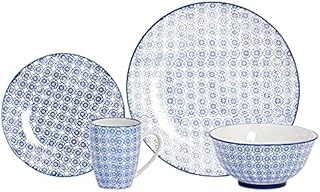 Nicola Spring 24 Piece Hand-Printed Dinner Set - Patterned Porcelain Crockery Plates Bowls Mugs - Navy